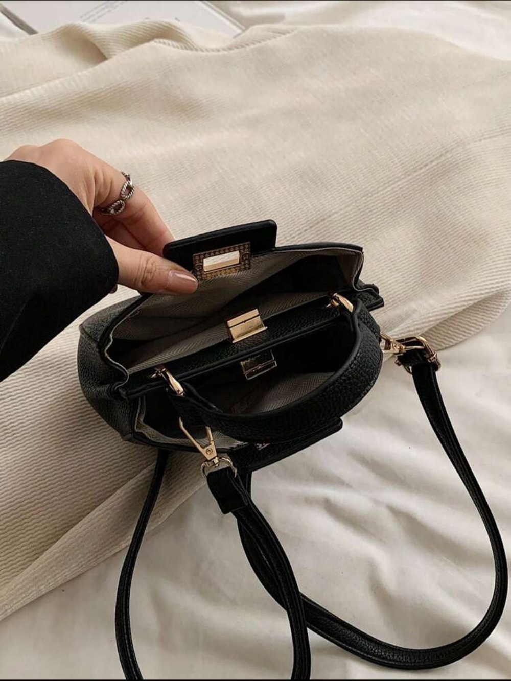Black Pebbled Leather Top-Handle Crossbody Mini Bag - Picture 8 of 10
